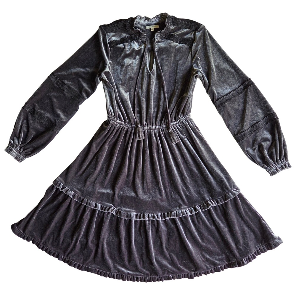Kate‎ & Sam Velvet Dress Size Small Gray Midi Tiered Ruffle Romantic Holiday